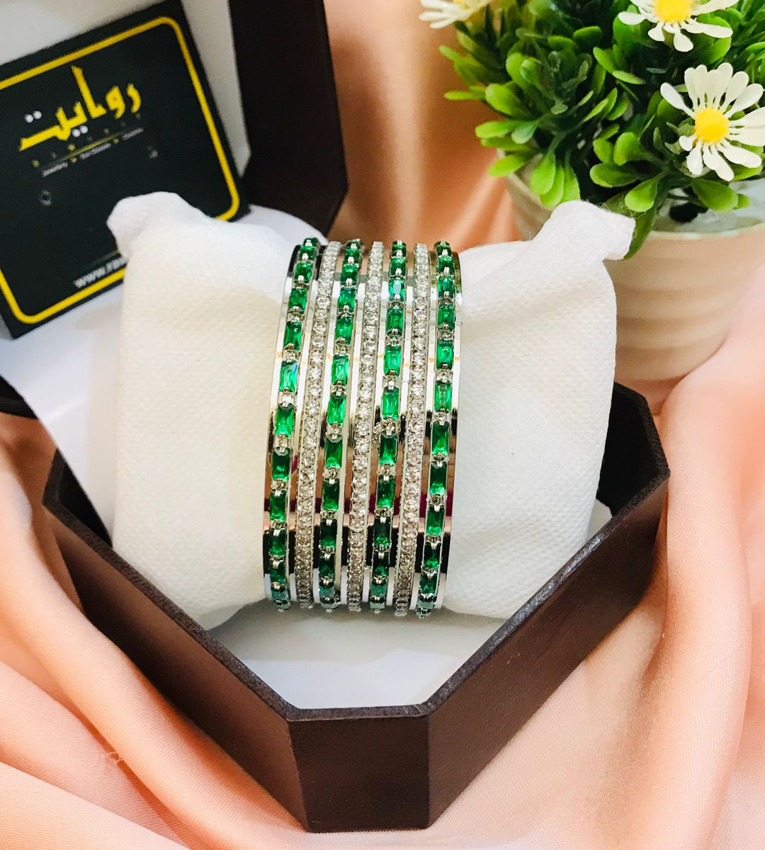 Zircon bangles-18 (Silver/Green)